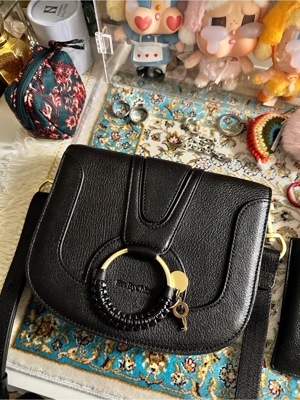 Black Women’s Saddle Bag with Hoop Ring Detail